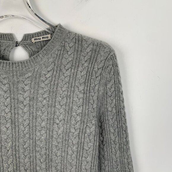 Miu Miu Grey Cashmere Cable-Knit Sweater S Round Neck Long Sleeve Knitwear Made - Picture 3 of 8